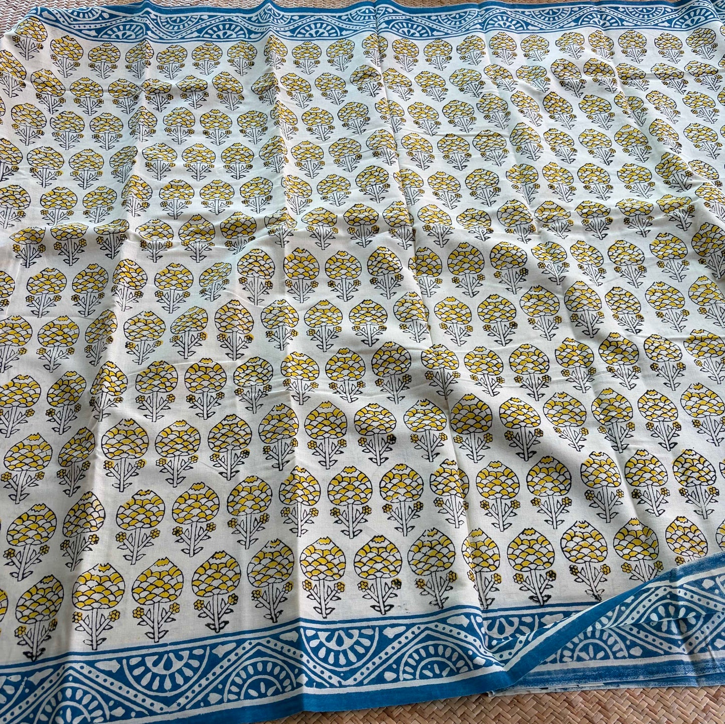 Mul Mul Cotton saree, Hand Block Printed, Beige
