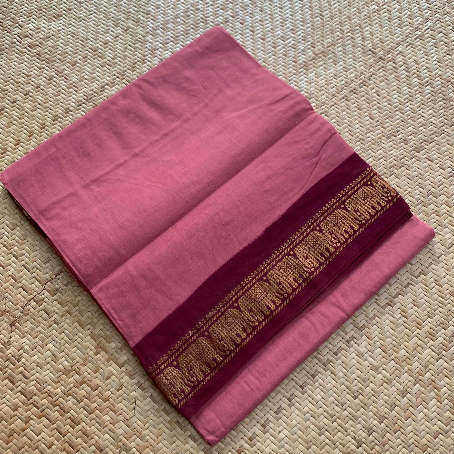 Dusty Pink Saree With Maroon Half Fine Zari Border, Clamp dyed (Kattu sayam).