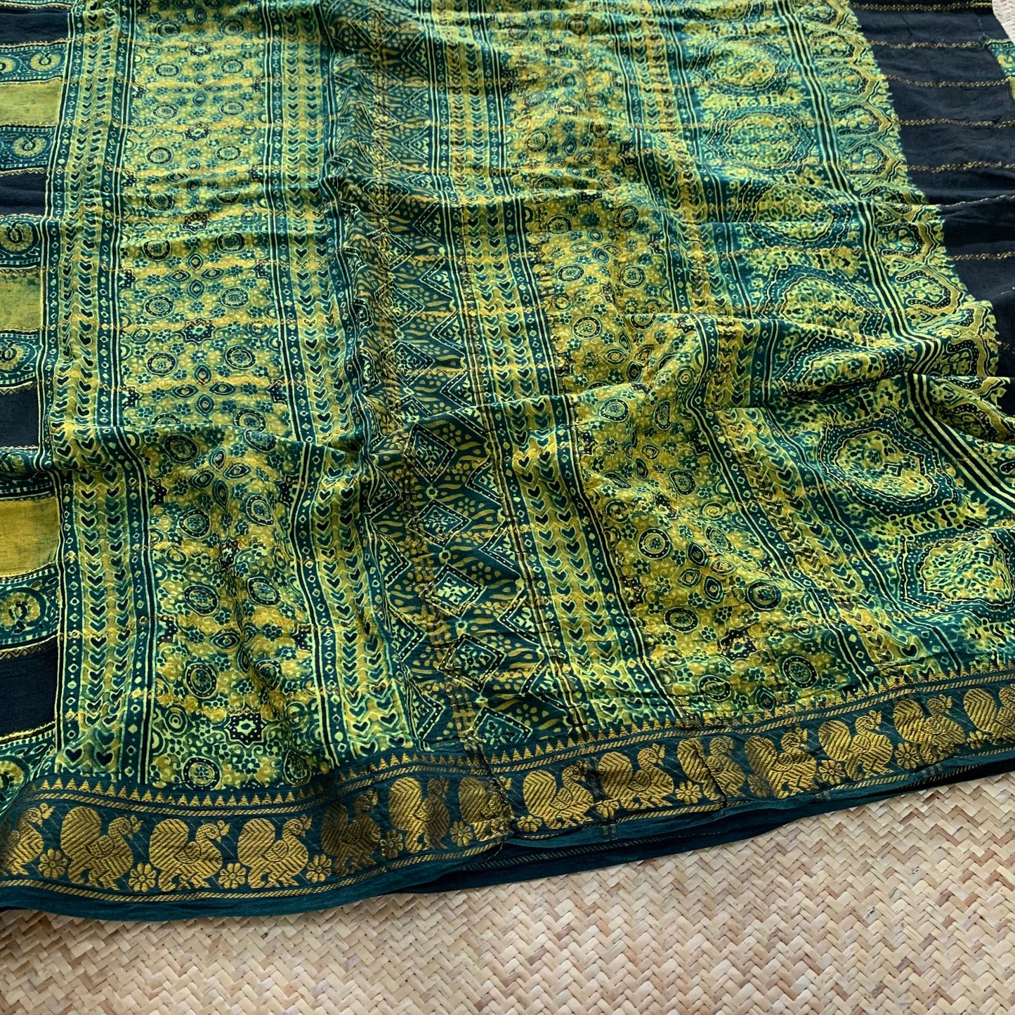 Trailing Plants-Green, Ajrak Hand Block Printed On Madurai Cotton Saree With Zari