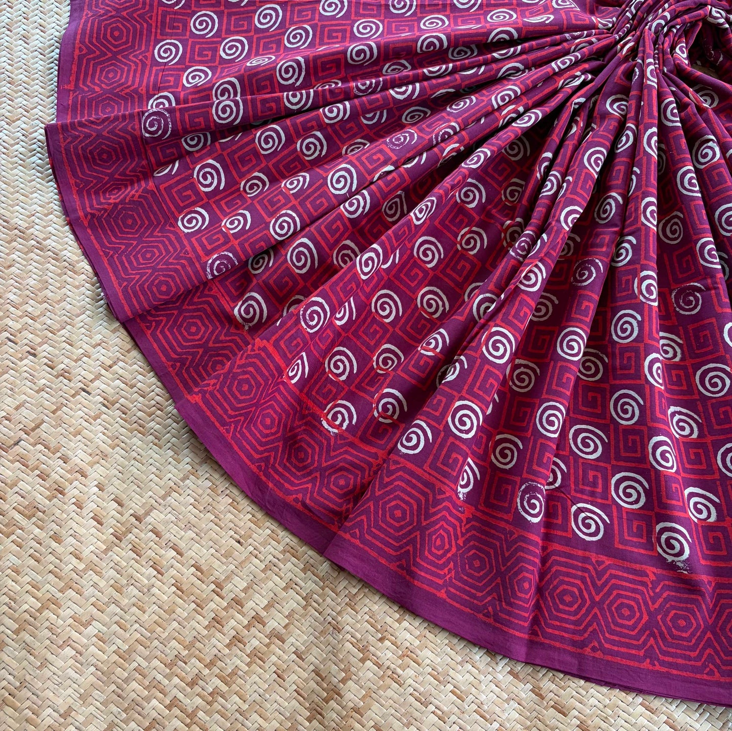 Mul Mul Cotton saree, Hand Block Printed, Maroon