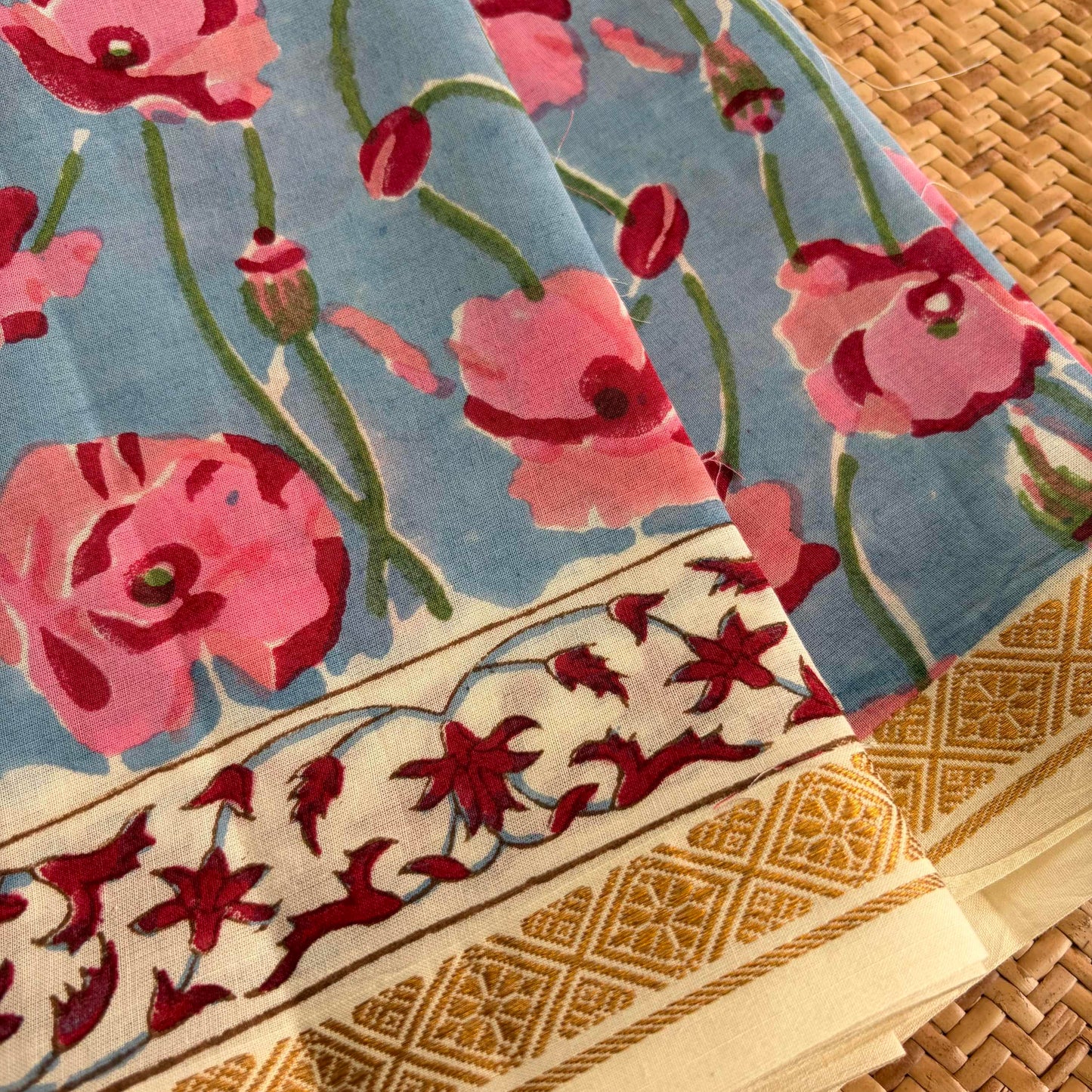 Blue, Jaipur Hand Block Printed On Madurai Cotton 3 Meters Running Fabric