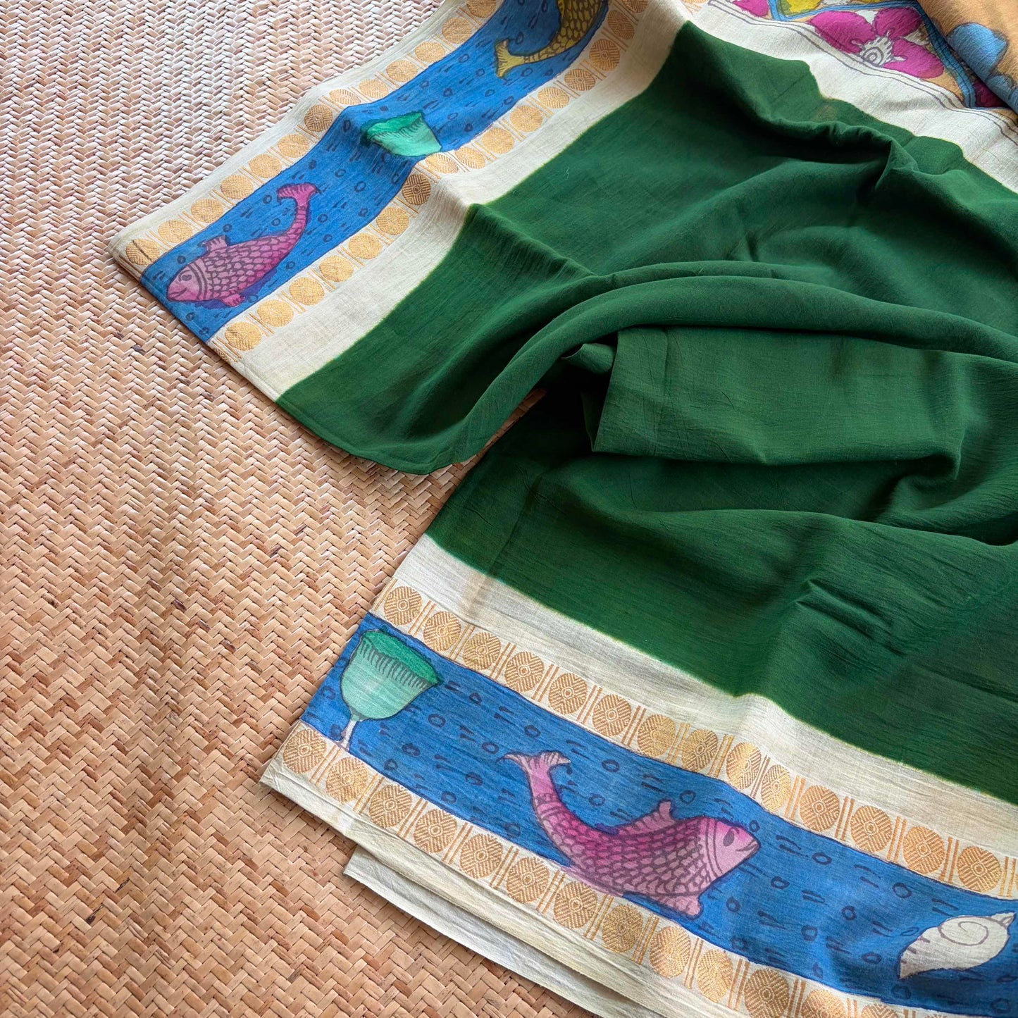 Fish 🐋 - Kalamkari Hand Painted on a Madurai Sungudi Cotton saree. With Blouse