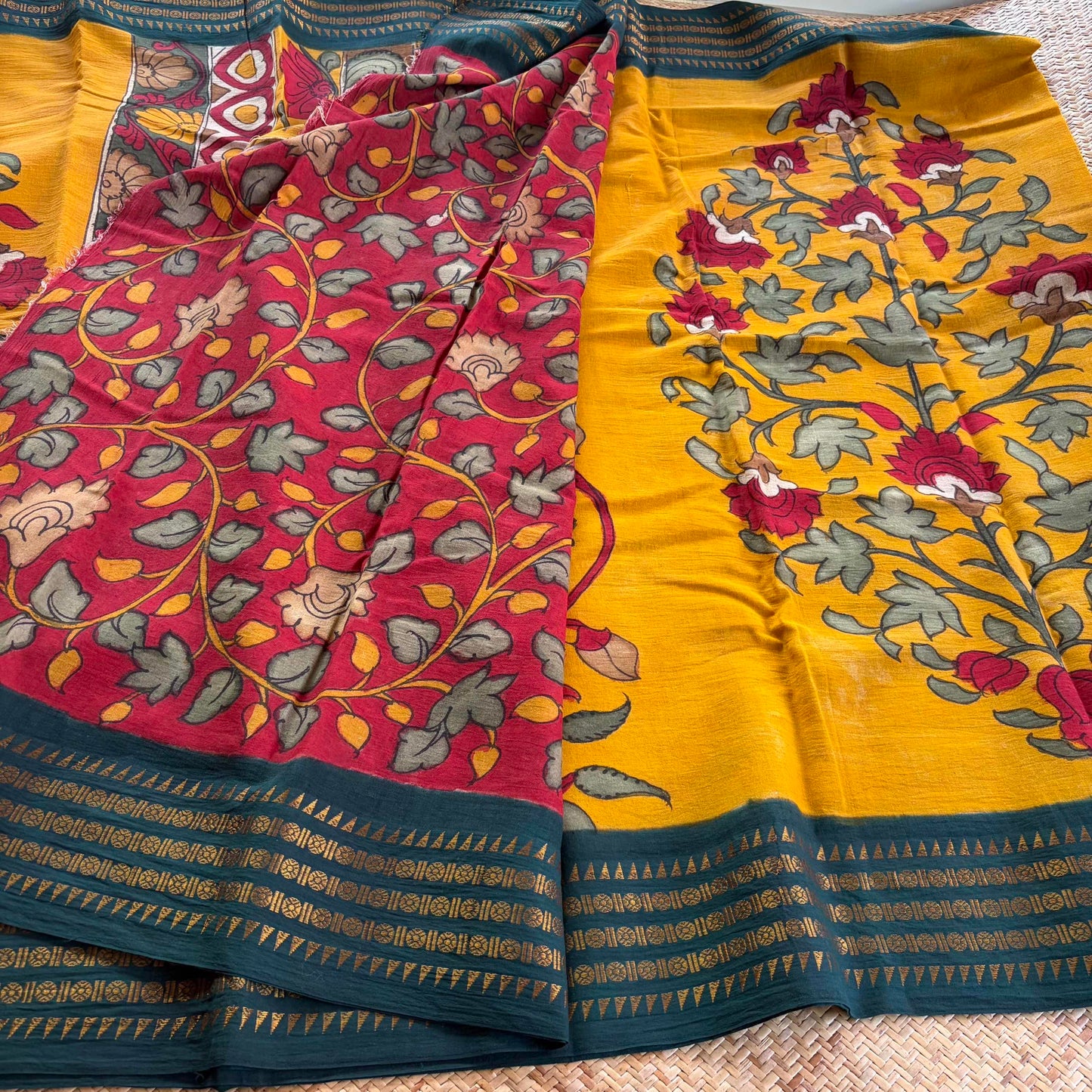 Botanical Kalamkari Hand Painted on Cotton Sungudi Saree With Blouse