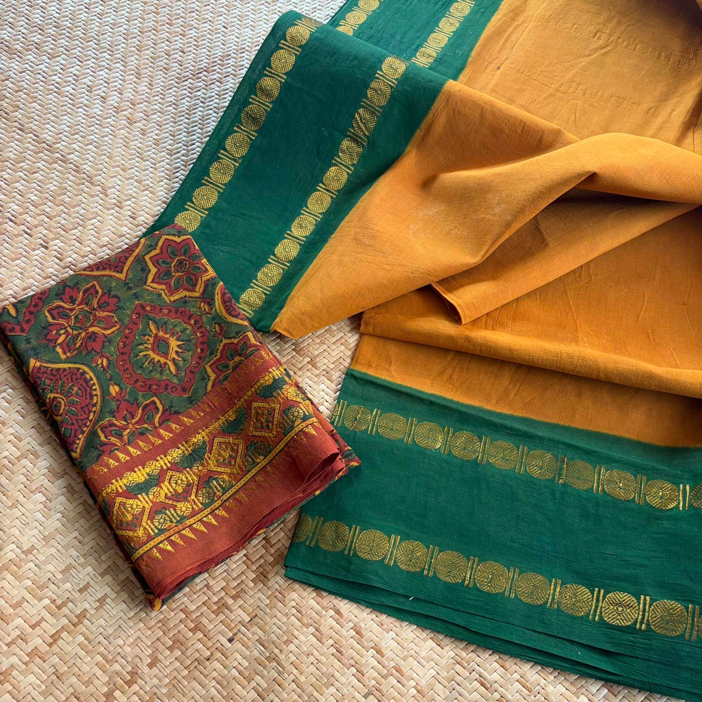 Mustard Saree With Ajrak Printed Blouse , Zari Rudraksham Rettai Pettu Border , Clamp dyed (Kattu sayam)