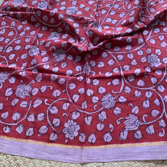 Maroon Floral, Kalamkari Hand Painted on a Madurai Sungudi Cotton CUT FABRIC