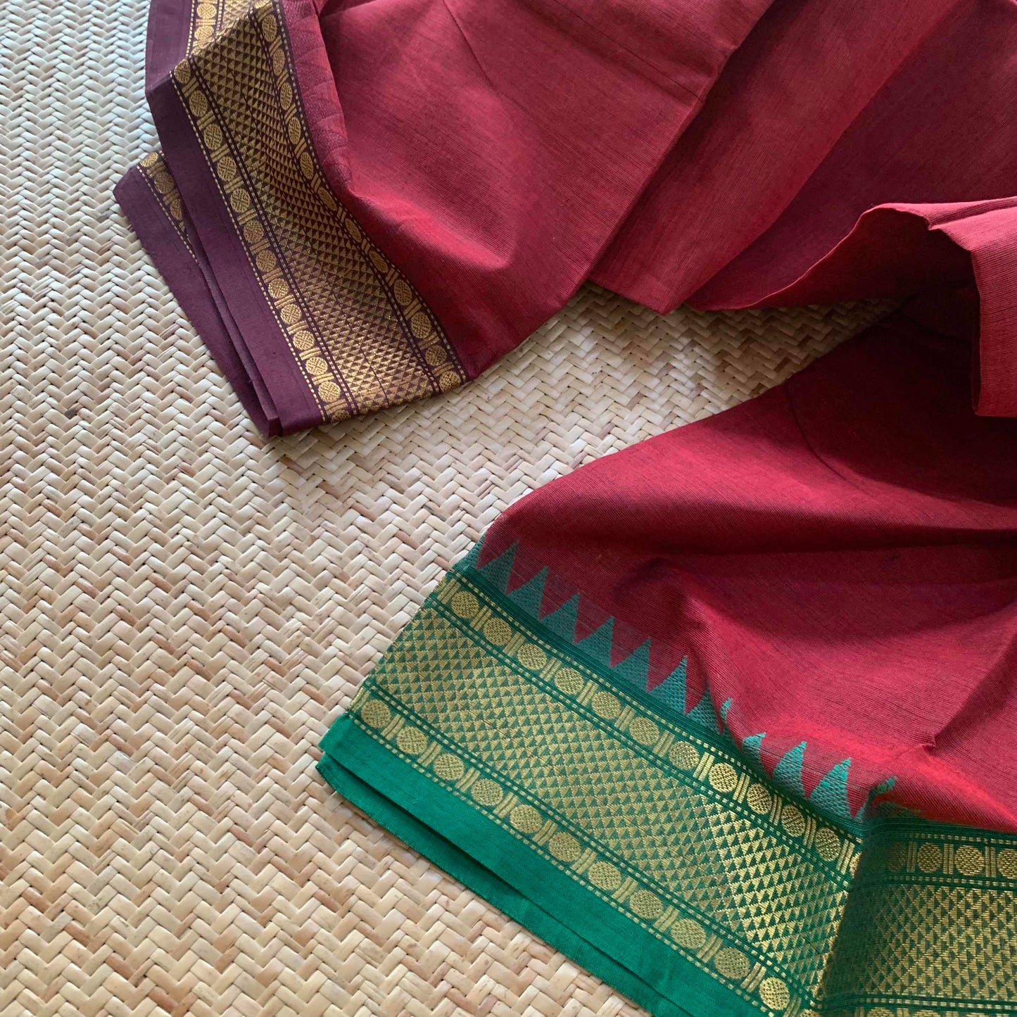 Maroon Saree Green Ganga Jamuna Border, Chettinad cotton saree