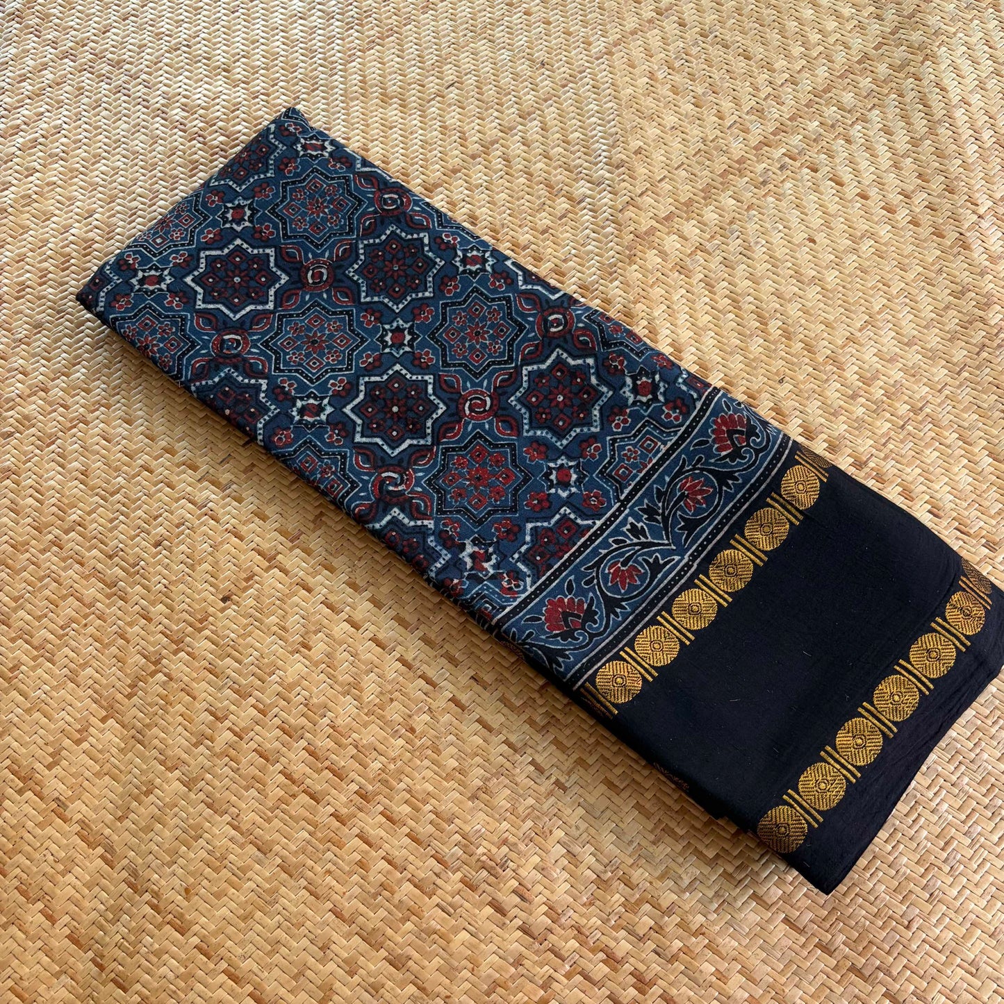 Star Indigo, Ajrak Hand Block Printed On Madurai Cotton Saree With Zari