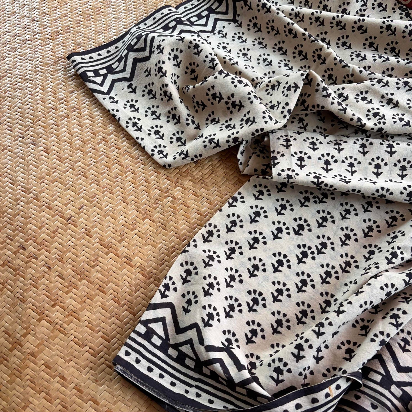 Mul Mul Cotton saree, Hand Block Printed, Cream