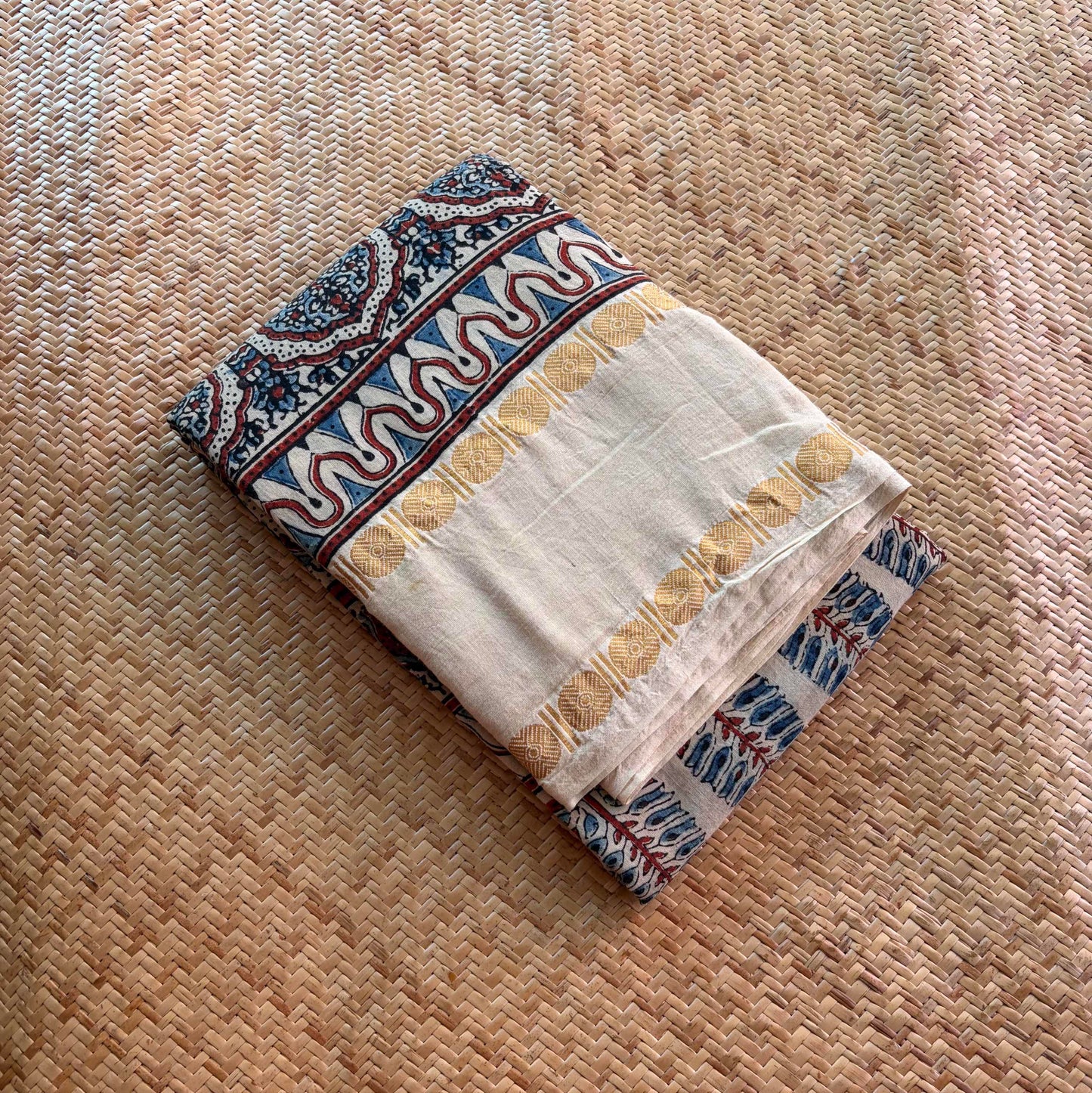 Pinecone-Cream , Ajrak Hand Block Printed On Madurai Cotton Saree With Zari