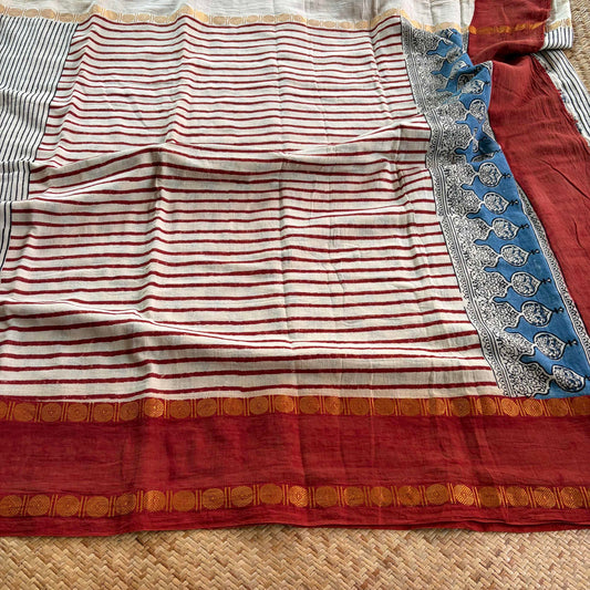 Off White Stripes, Ajrak Hand Block Printed On Madurai Cotton Saree With Zari