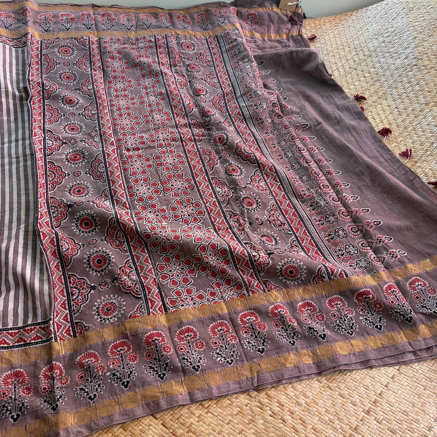Nude, Ajrak Hand Block Printed On Madurai Cotton Saree With Zari