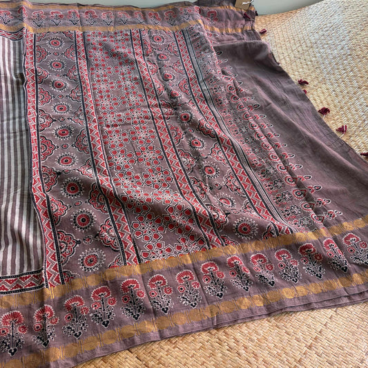 Nude, Ajrak Hand Block Printed On Madurai Cotton Saree With Zari