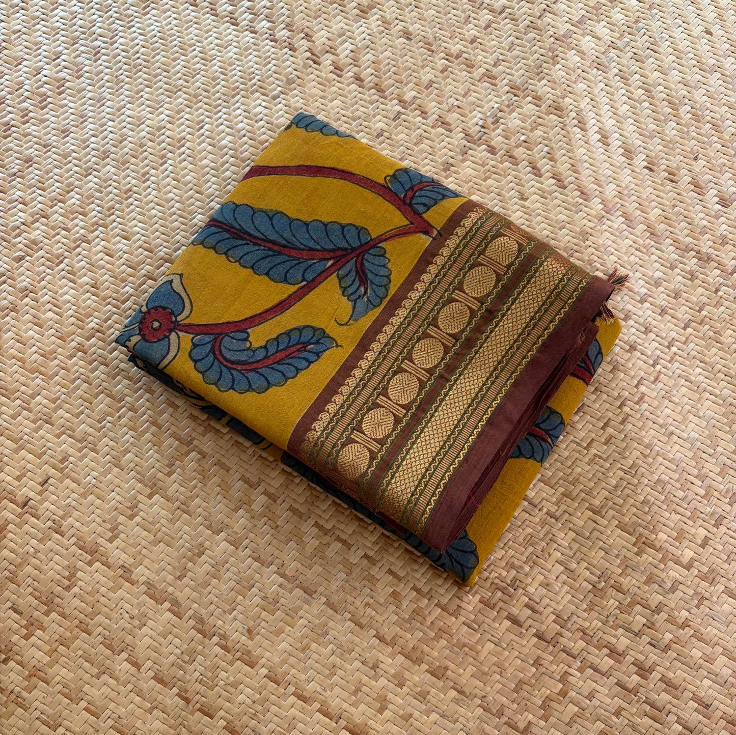 Mustard Kalamkari Hand Painted on Chettinad Cotton saree