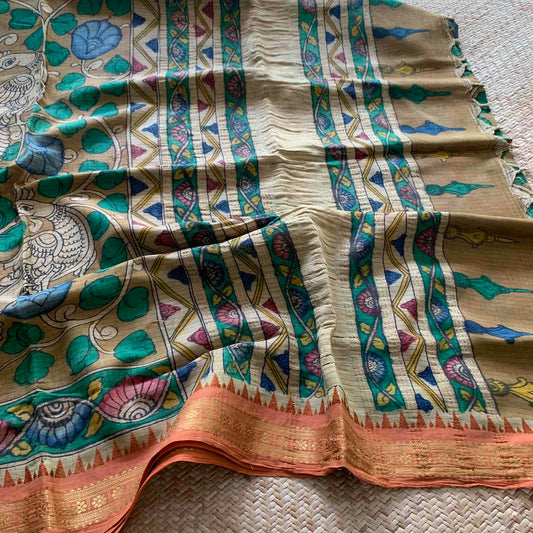 Mustard,Kalamkari Hand Painted on Chettinad Cotton saree