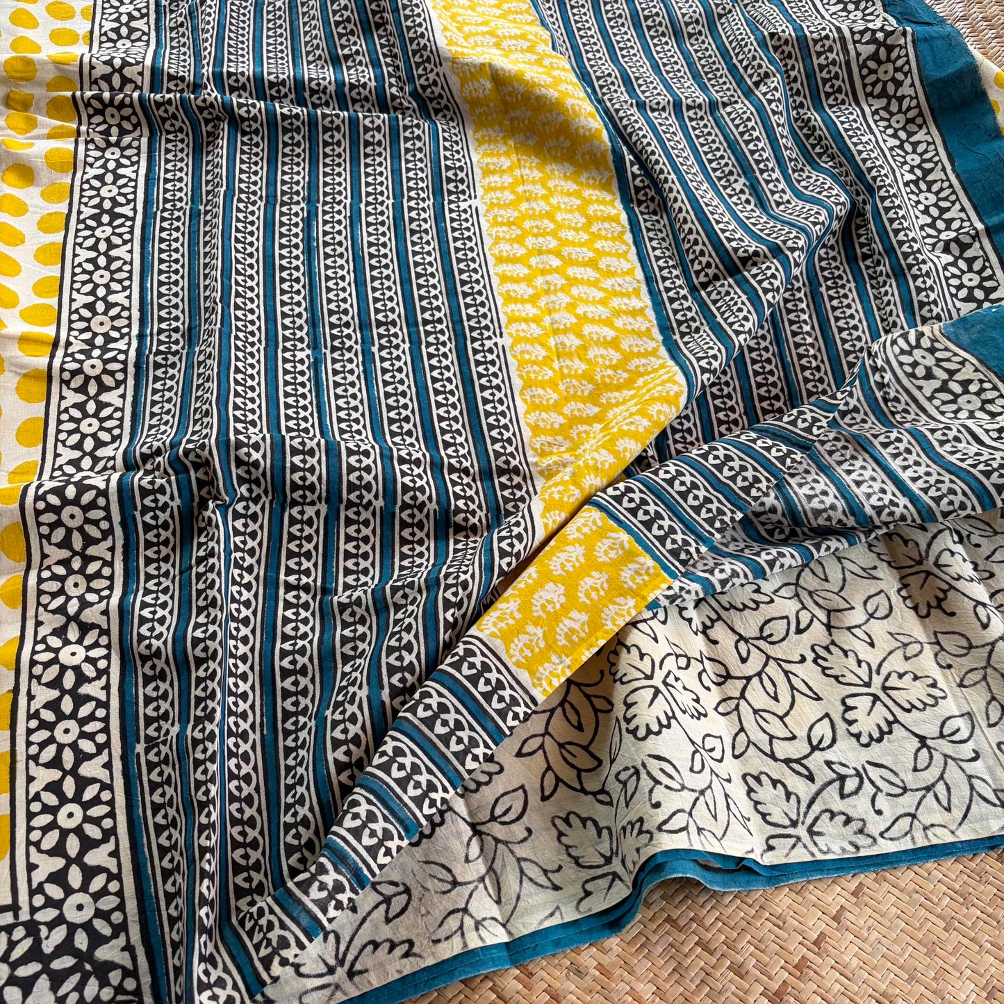 Mul Mul Cotton saree, Hand Block Printed, Yellow