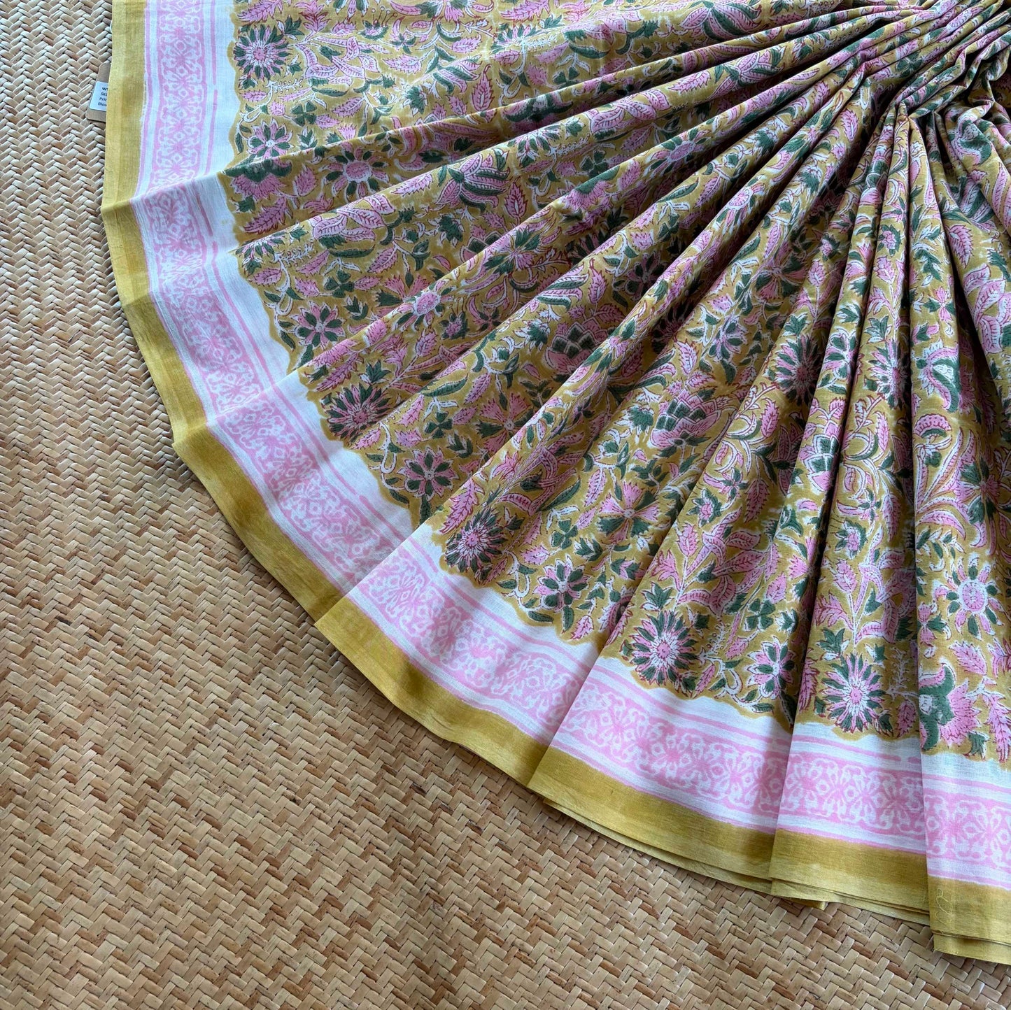 Mul Mul Cotton saree, Hand Block Printed, Mustard