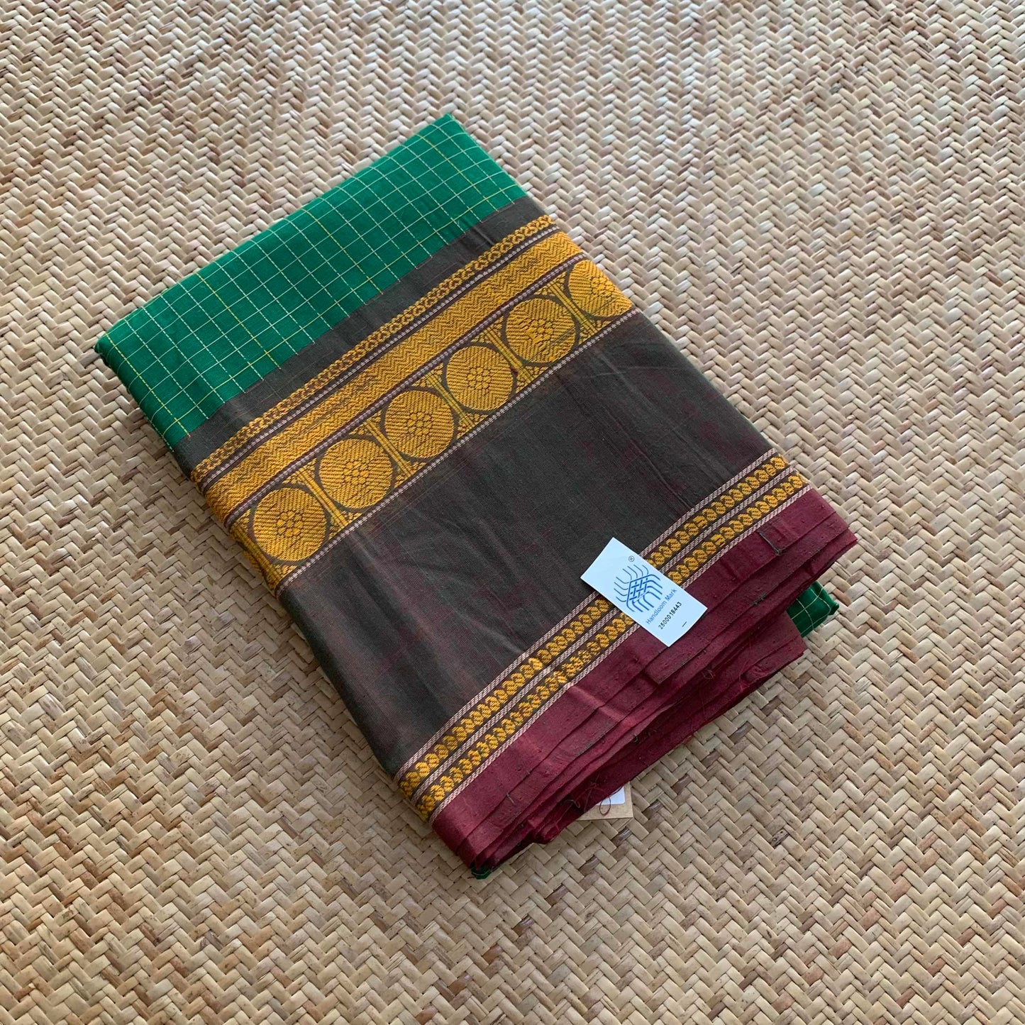 Kanchipuram Cotton Saree, Handwoven Green Saree With Grand Pallu