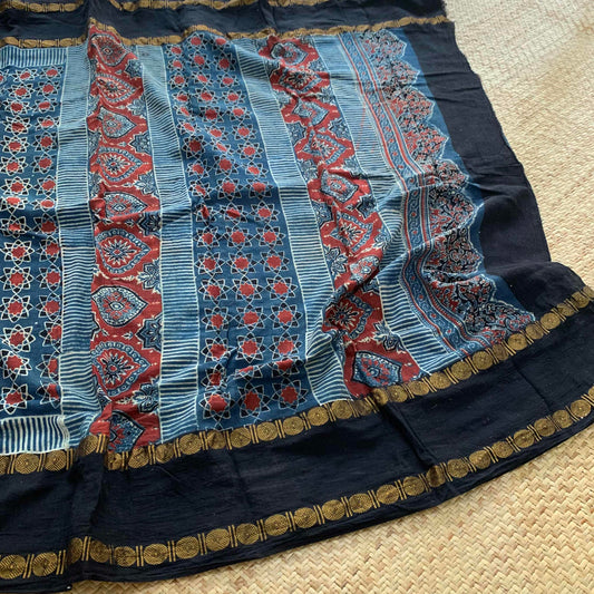 Atoms, Ajrak Hand Block Printed On Madurai Cotton Saree With Zari