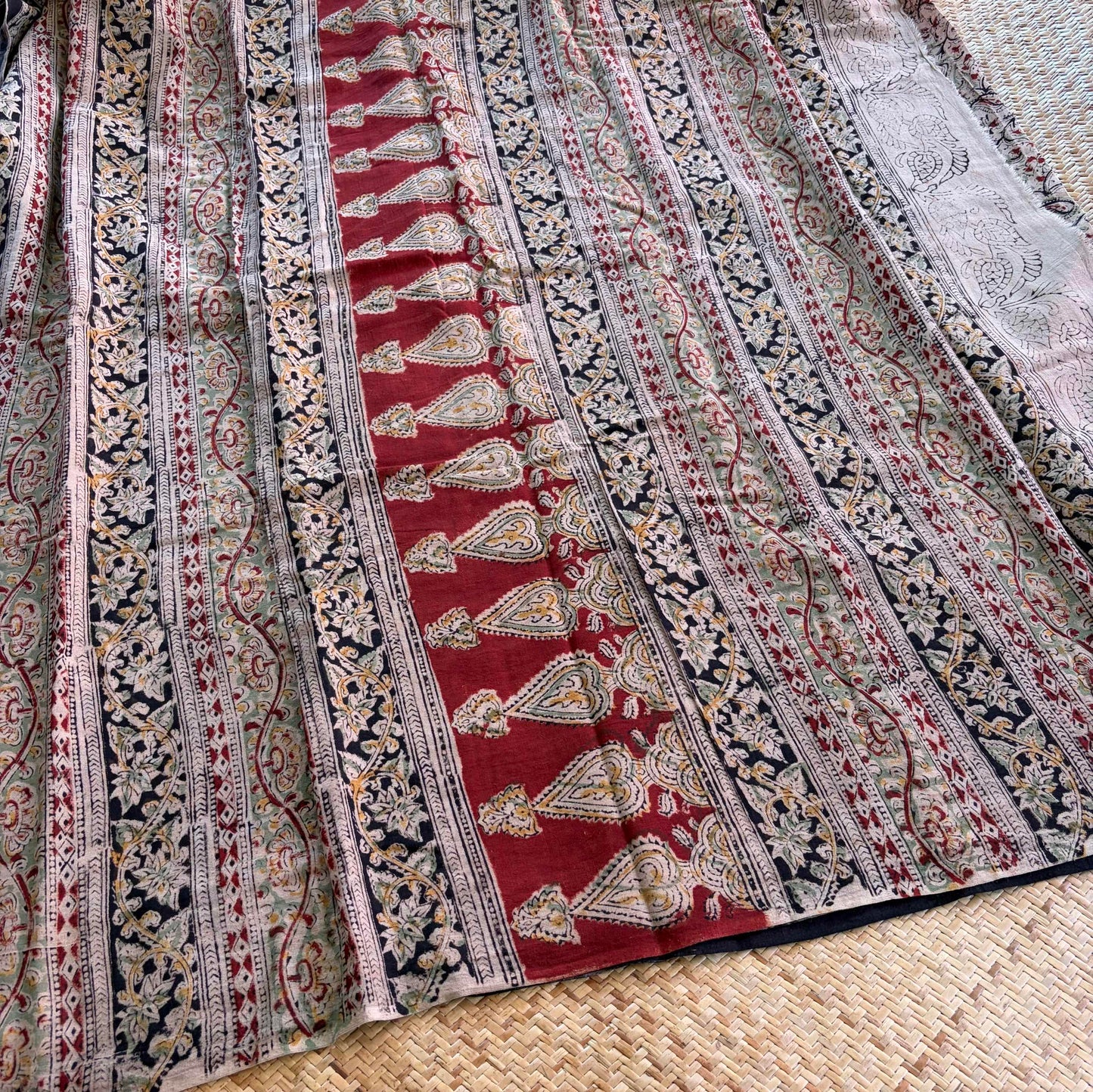 Multicoloured, Kalamkari Hand Block Printed Natural dye, Mul cotton saree