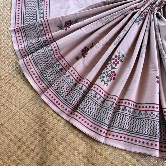 Mul Mul Cotton saree, Hand Block Printed, Dusty Rose