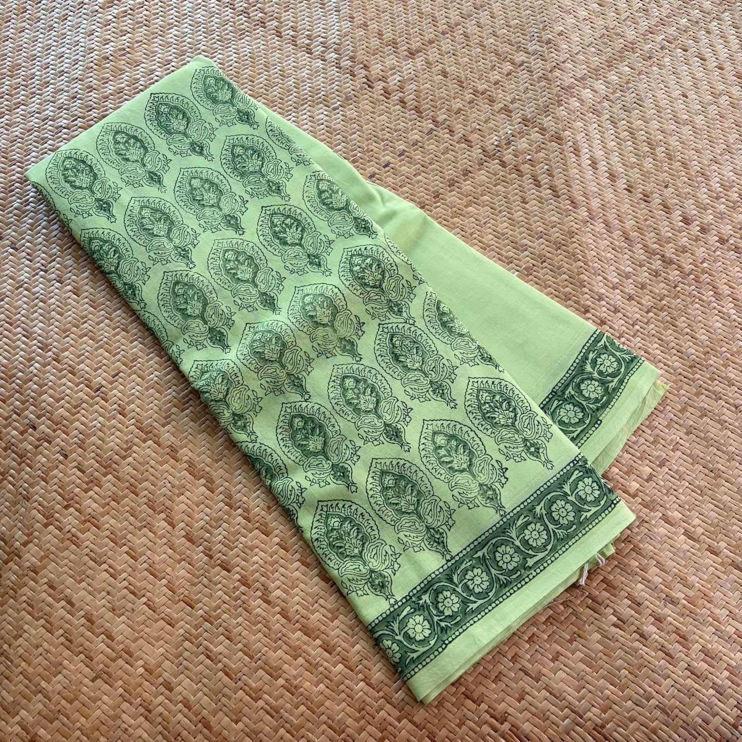 Mul Mul Cotton saree, Hand Block Printed, Pastel Green