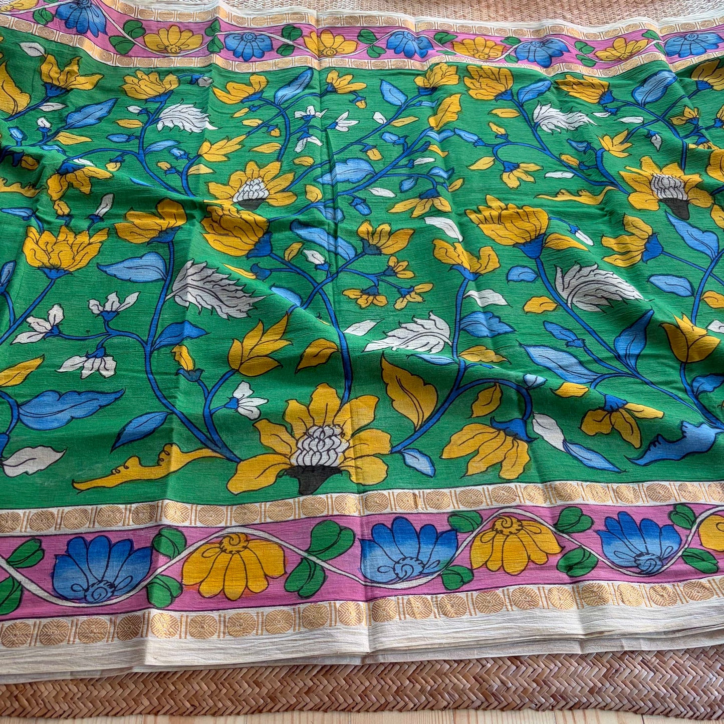 Green Kalamkari Hand Painted on Cotton Sungudi Saree With Blouse