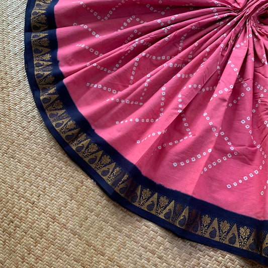 Pink With Navy Blue Saree , Hand knotted Sungudi Cotton saree, Kaikattu Sungadi