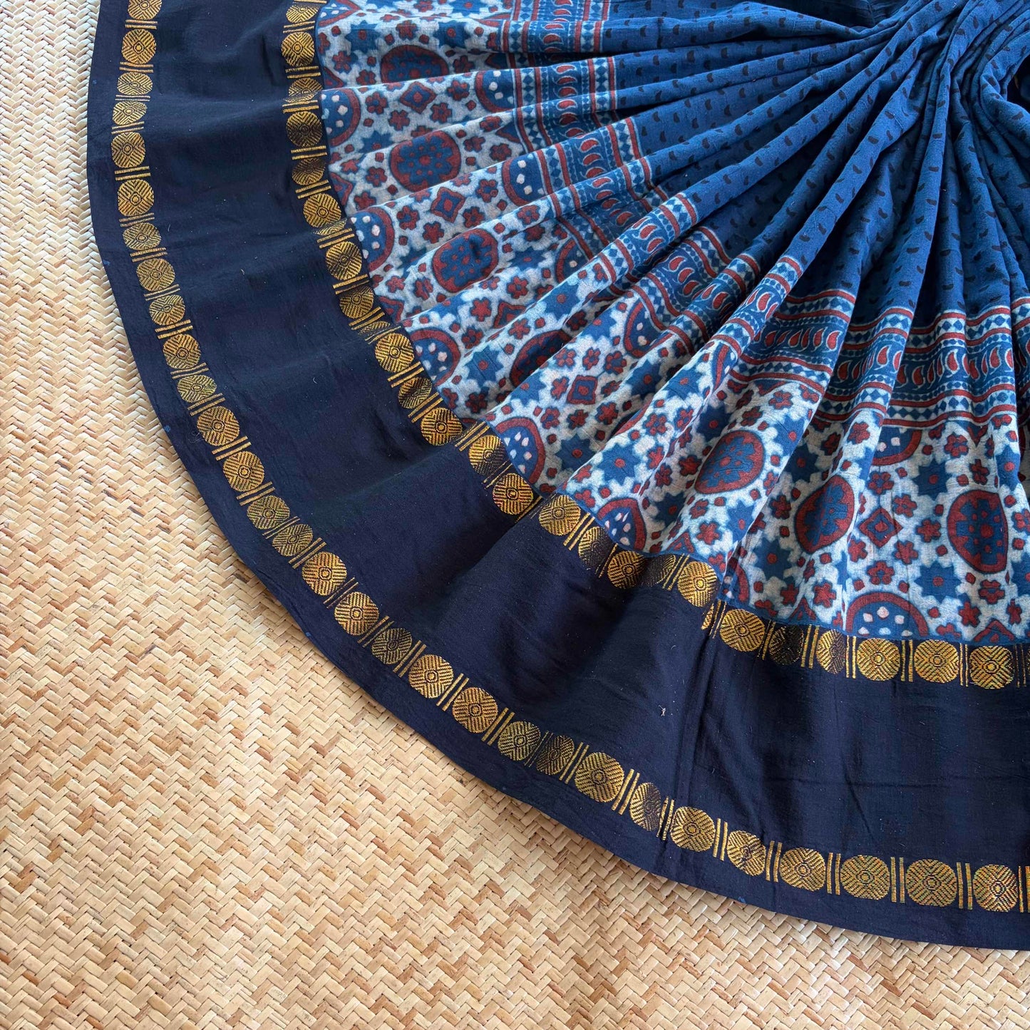 Cloud Indigo, Ajrak Hand Block Printed On Madurai Cotton Saree With Zari