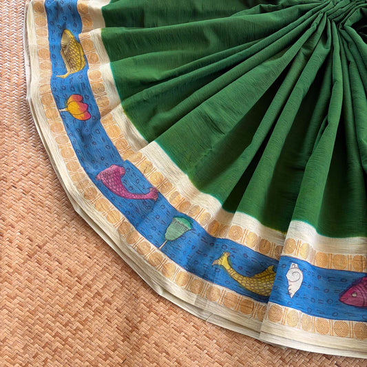 Fish 🐋 - Kalamkari Hand Painted on a Madurai Sungudi Cotton saree. With Blouse
