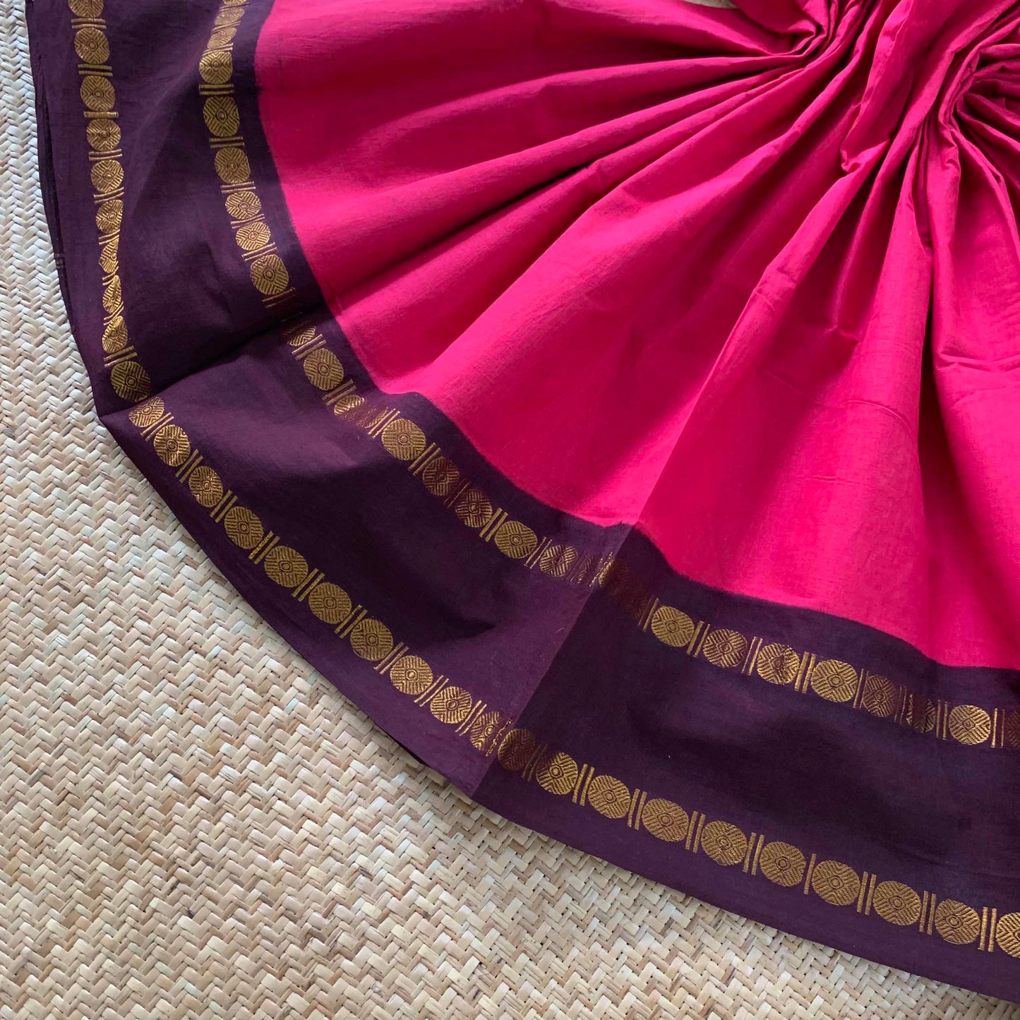 Pink Saree Brown Border, Zari Rudraksham Rettai Pettu Border , Clamp dyed (Kattu sayam).