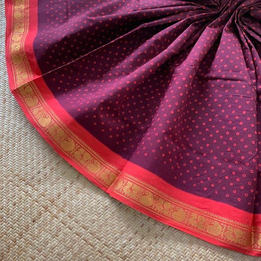 Beetle nut Brown With Red Wax Print, Half Fine Zari Premium Sungudi Cotton Sarees