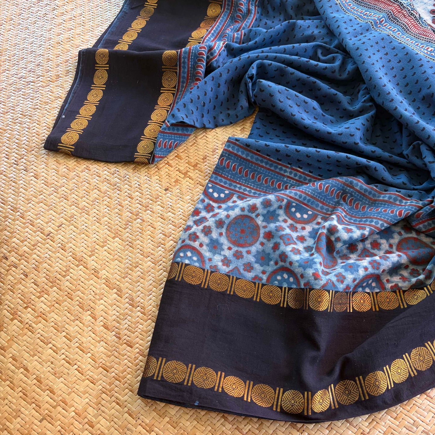 Cloud Indigo, Ajrak Hand Block Printed On Madurai Cotton Saree With Zari