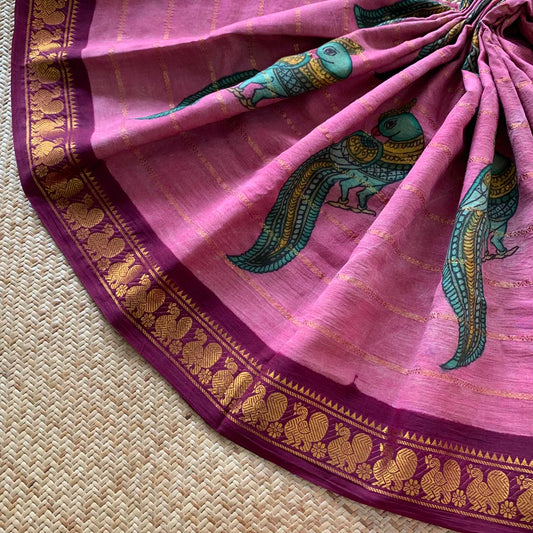Classic Parrot- Kalamkari Hand Painted on a Madurai Velthari Sungudi Cotton saree.