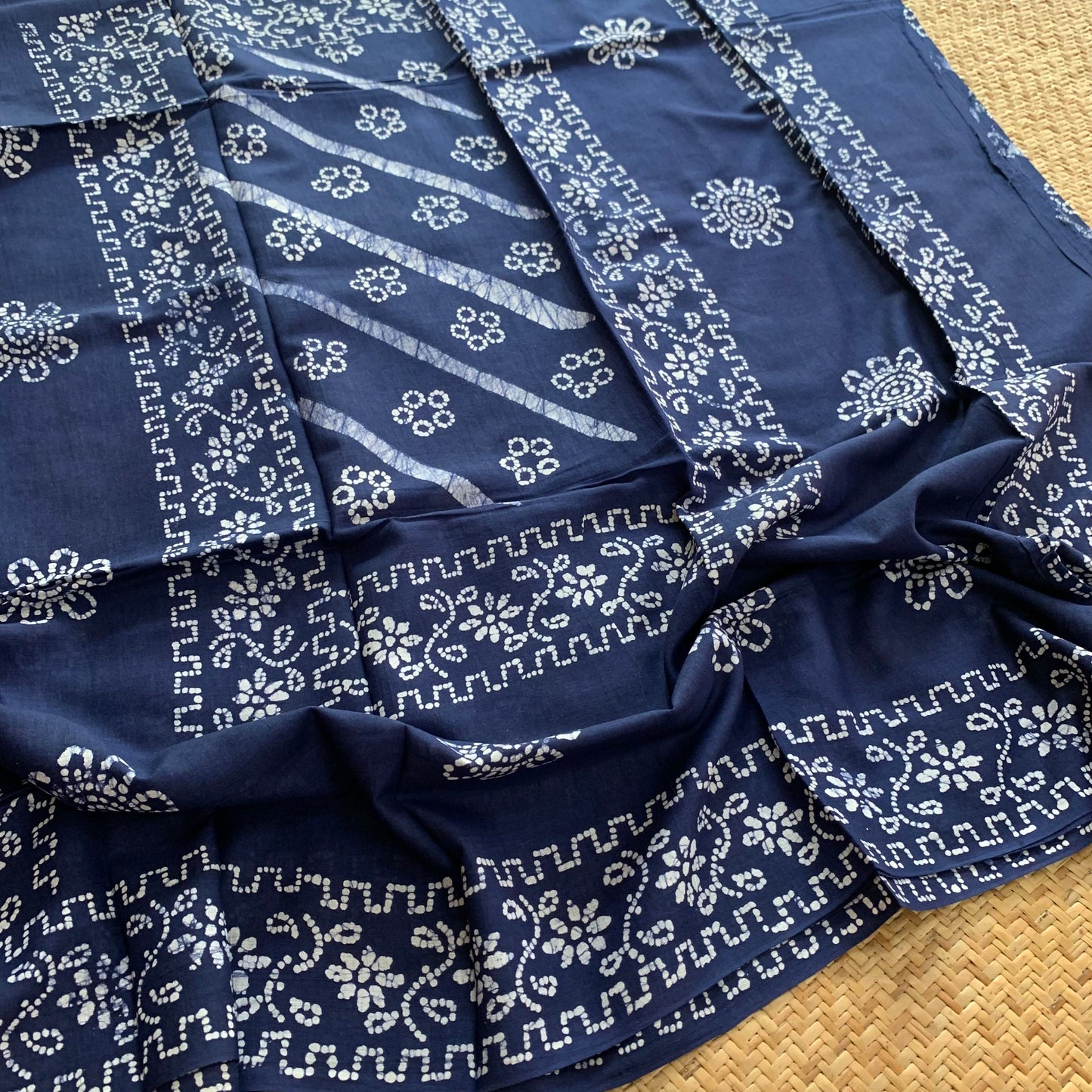 Blue Hand Crafted wax print Sungudi Mul Mul Cotton Saree