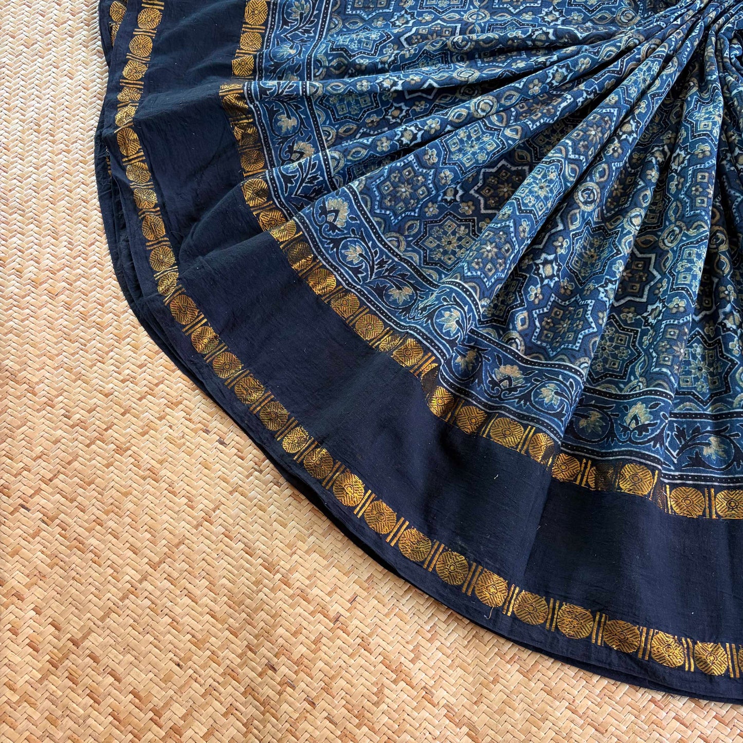 Star Indigo, Ajrak Hand Block Printed On Madurai Cotton Saree With Zari