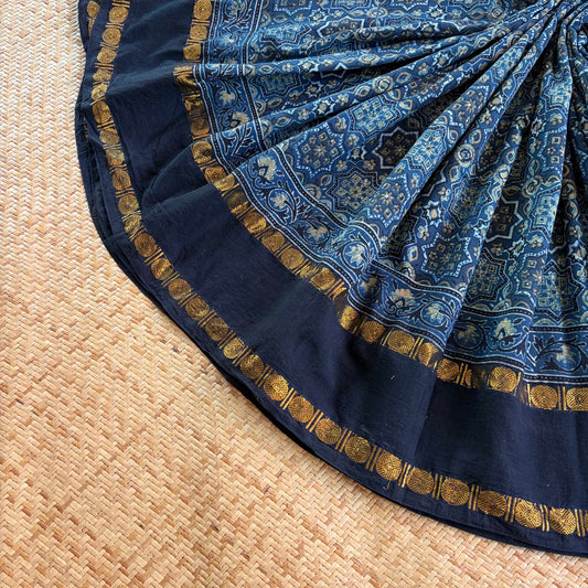 Star Indigo, Ajrak Hand Block Printed On Madurai Cotton Saree With Zari