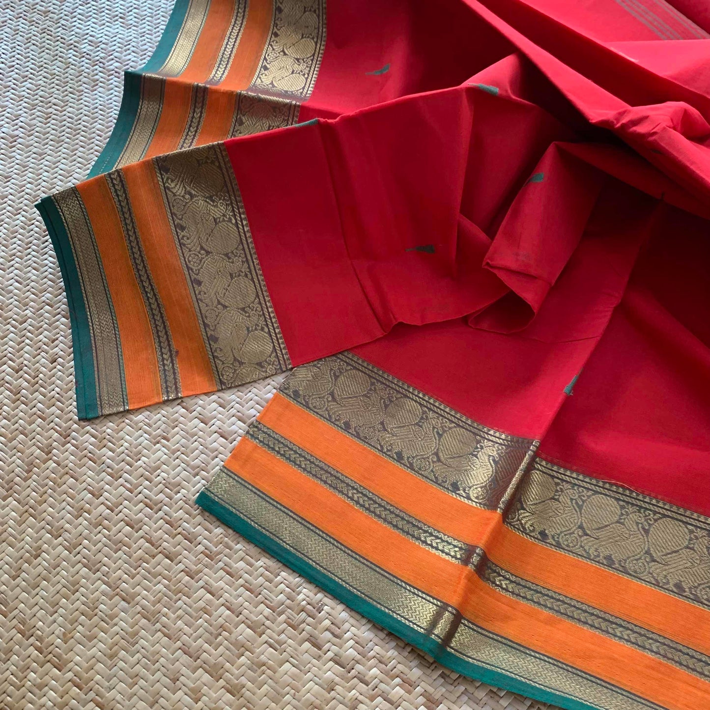 Chettinad Cotton Saree, Red Saree with Orange Border