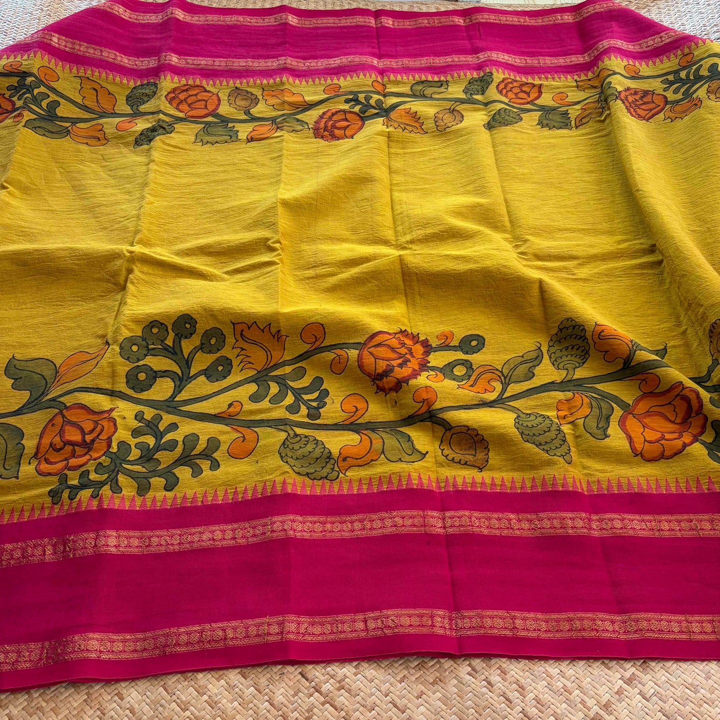 Olive Green Kalamkari Hand Painted on Chettinad Cotton saree