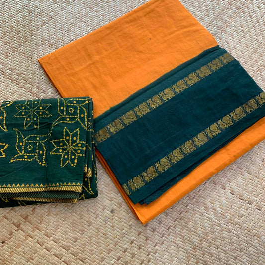 Yellow Saree With Blouse Piece , Zari Annam Rettai Pettu Border , Clamp dyed (Kattu sayam).