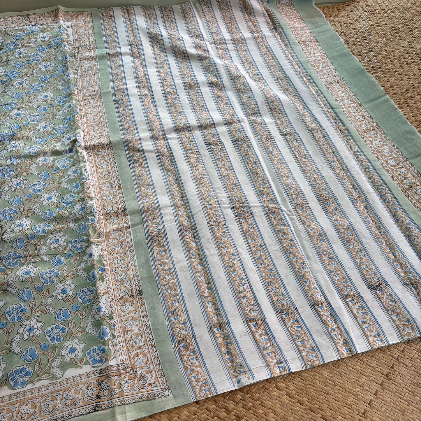 Mul Mul Cotton saree, Hand Block Printed, Pastel Green