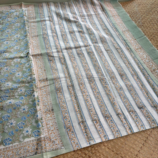 Mul Mul Cotton saree, Hand Block Printed, Pastel Green