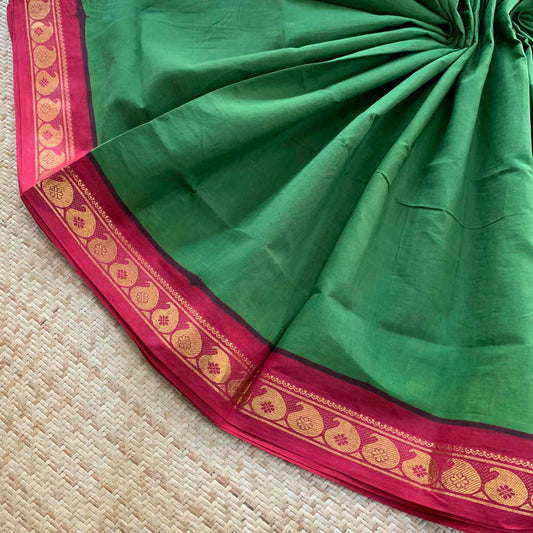 Green Saree With Red Half Fine Zari Border, Clamp dyed (Kattu sayam).