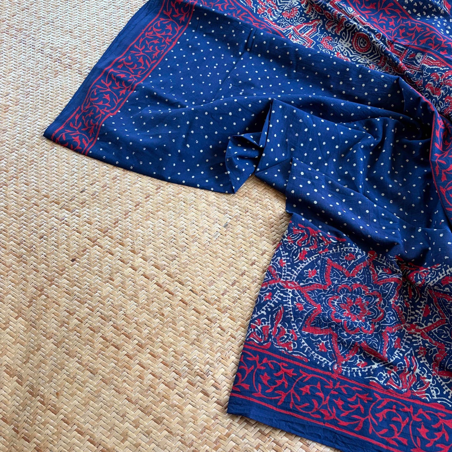 Mul Mul Cotton saree, Hand Block Printed, Blue