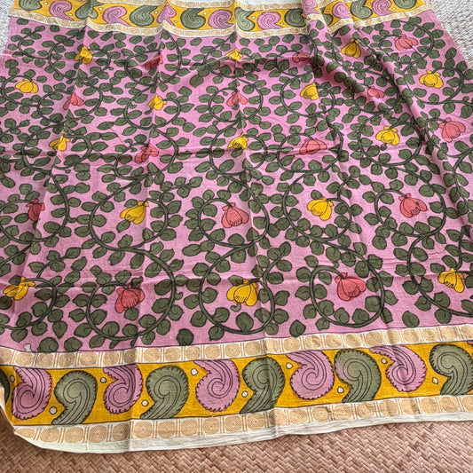 Pink Floral, Kalamkari Hand Painted on a Madurai Sungudi Cotton 1.20 METER FABRIC