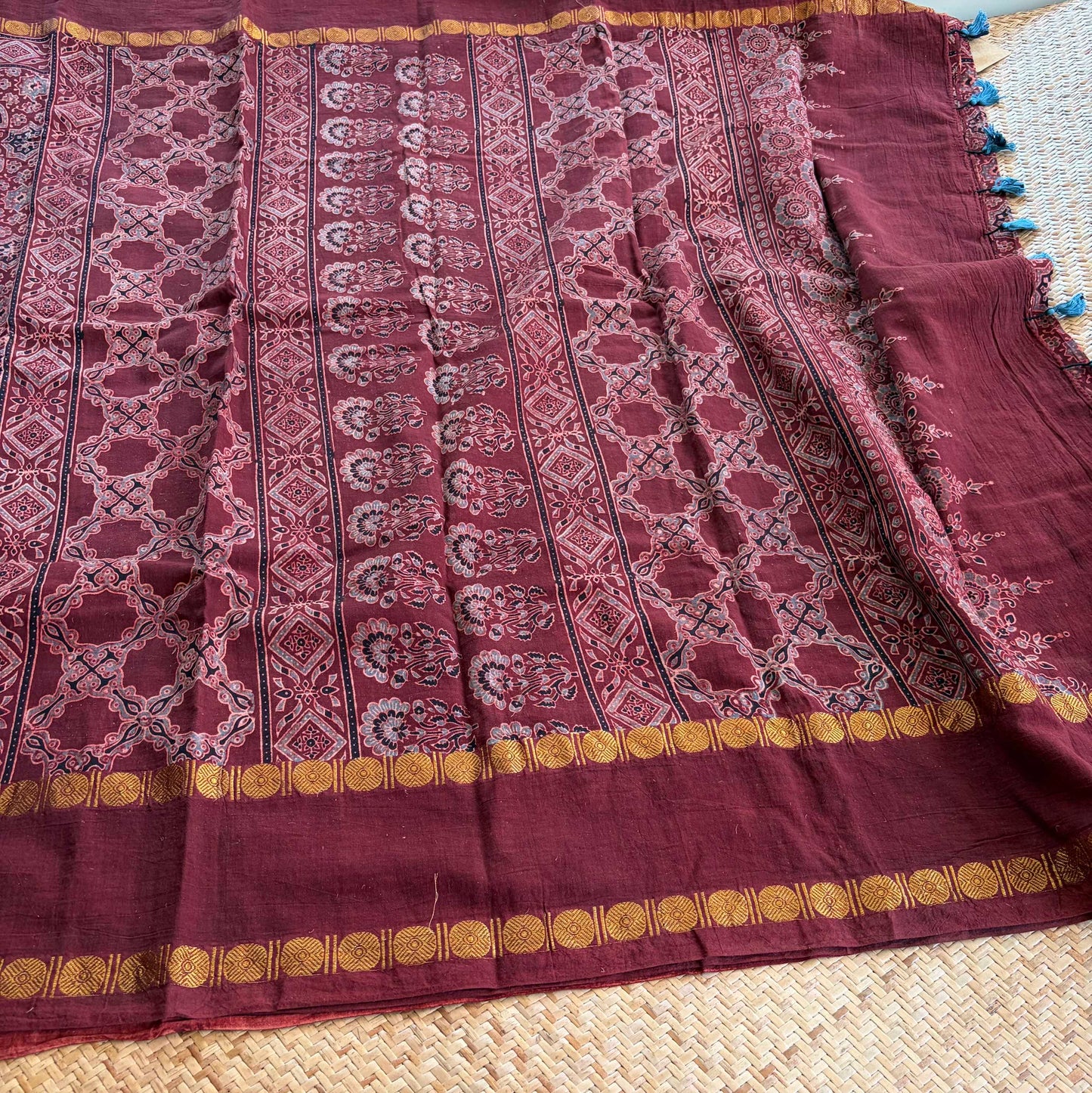 Araku, Ajrak Hand Block Printed On Madurai Cotton Saree With Zari