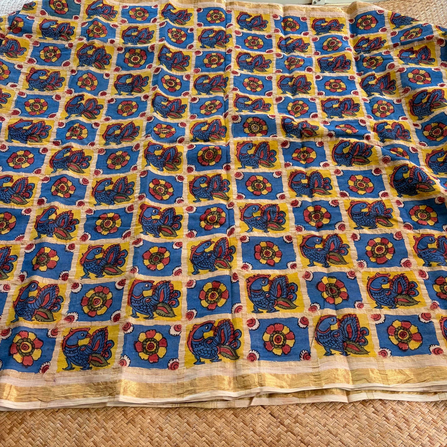 Peacock, Kalamkari Hand Painted on a Madurai Velthari Sungudi Cotton saree.