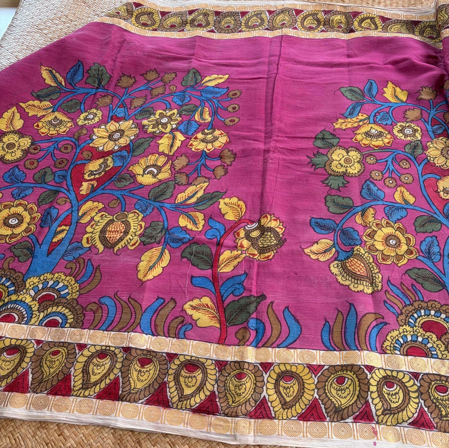 Pink Kalamkari Hand Painted on Cotton Sungudi Saree With Blouse