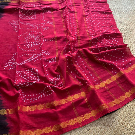 Black Saree With Pink Pallu EXCLUSIVE, Hand knotted Sungudi Cotton saree, Kaikattu Sungadi