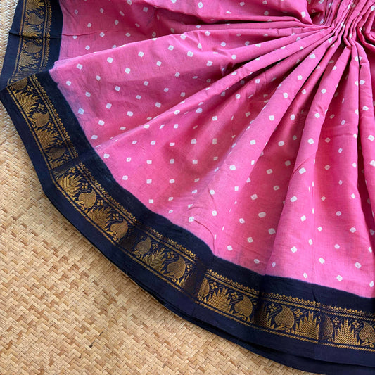 Pink Saree With Black Border, Hand knotted Sungudi On a Border Cotton saree, Kaikattu Sungudi