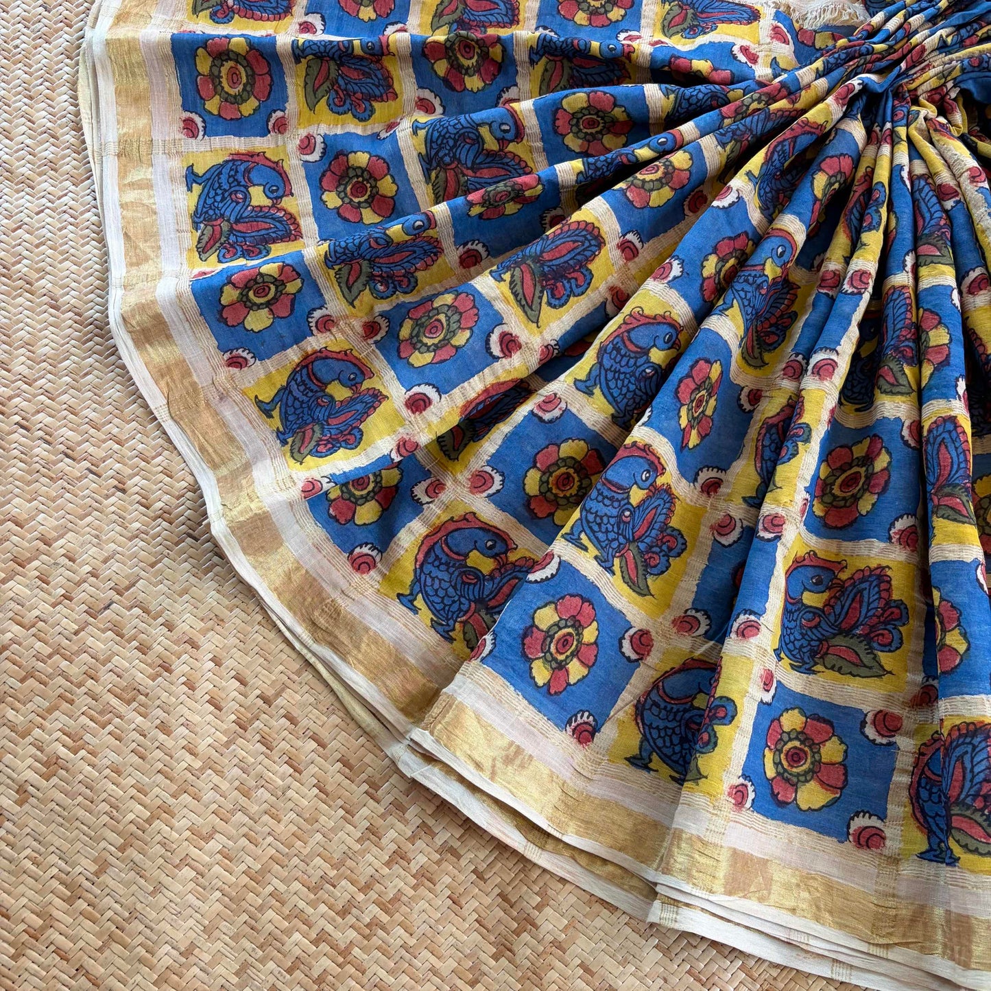 Peacock, Kalamkari Hand Painted on a Madurai Velthari Sungudi Cotton saree.